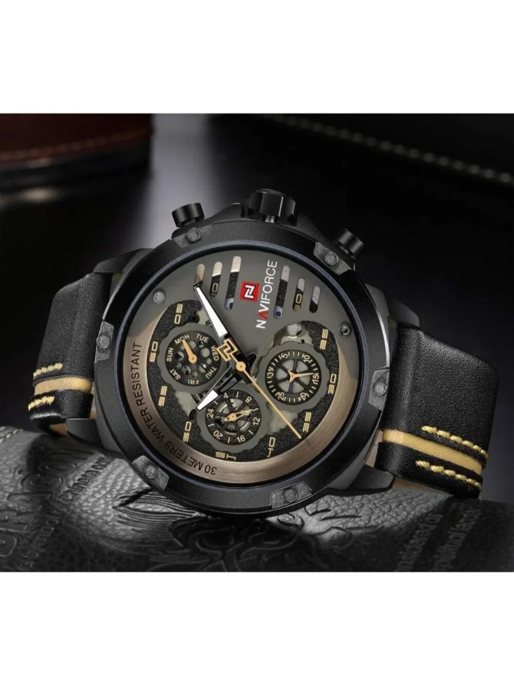 Men's Black Yellow Analog Quartz Leather Band Waterproof Military Wrist Watch